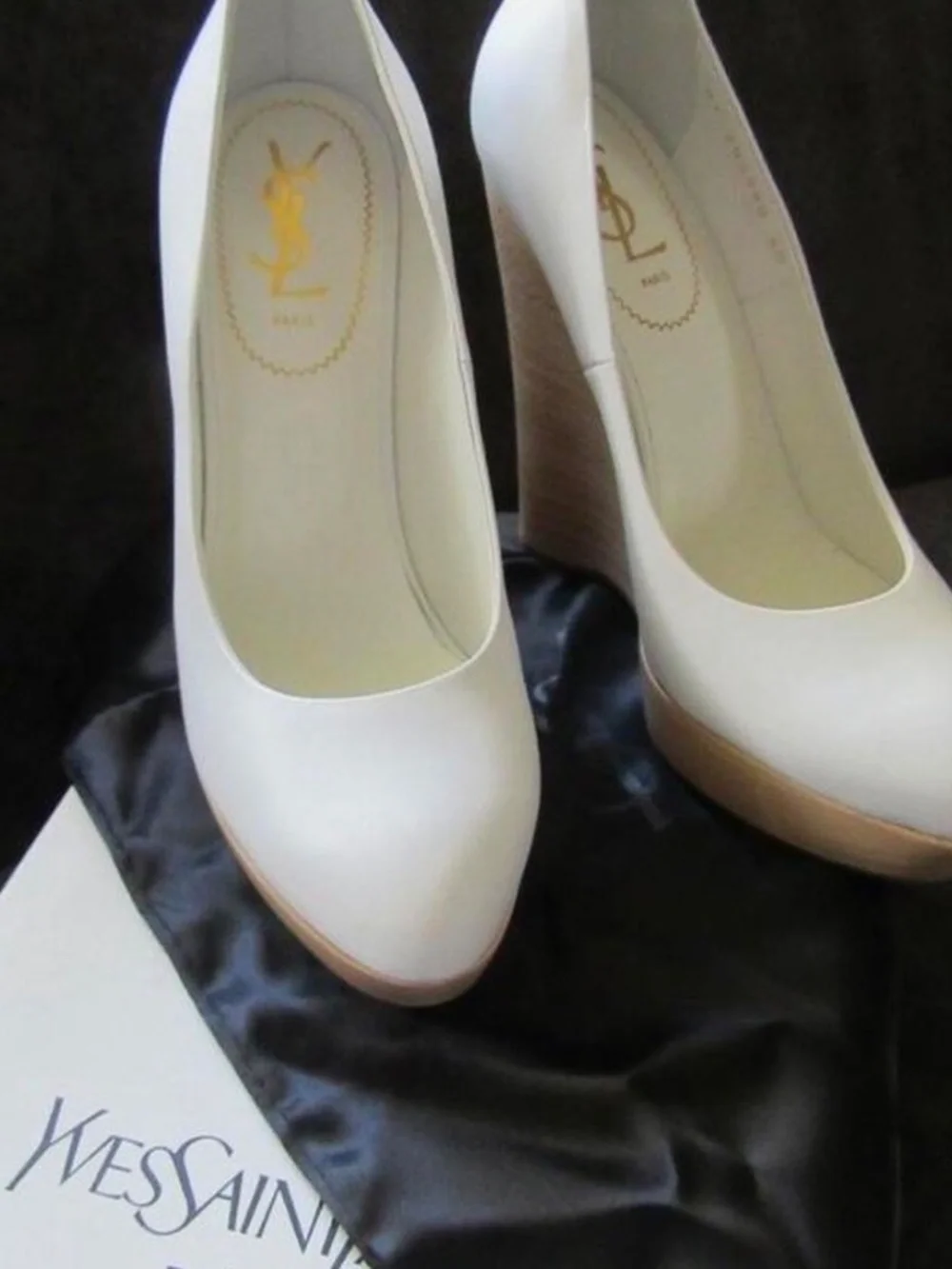 YSL Yves Saint Laurent White Leather Wedge Platform Pumps
